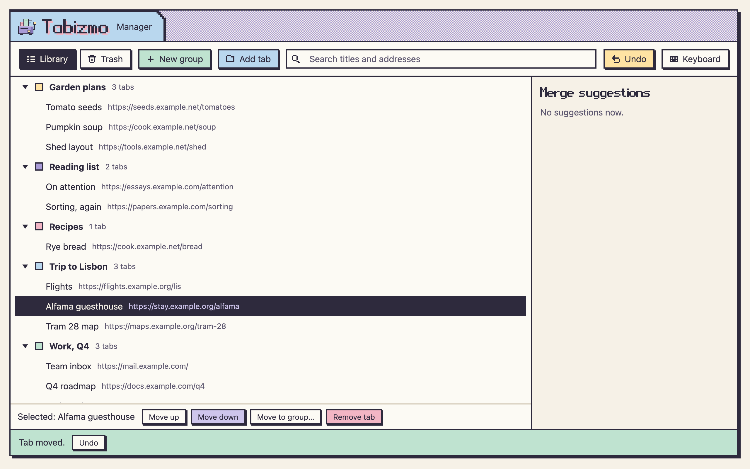 Der Tabizmo-Manager: ein Baum aus Tabgruppen namens Garden plans, Reading list, Recipes, Trip to Lisbon und Work, jede mit ihren Tabs und deren Adressen, und eine Werkzeugleiste mit Library, Trash, New group, Add tab, der Suche und Undo.